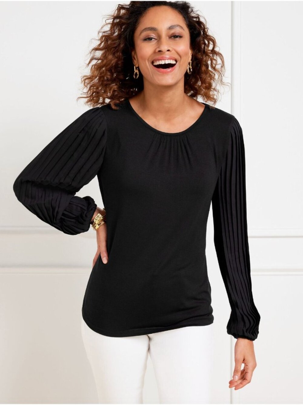 Talbots Black Pleated Sleeve Crewneck Top Size LP Large Petite New Shirt Blouse